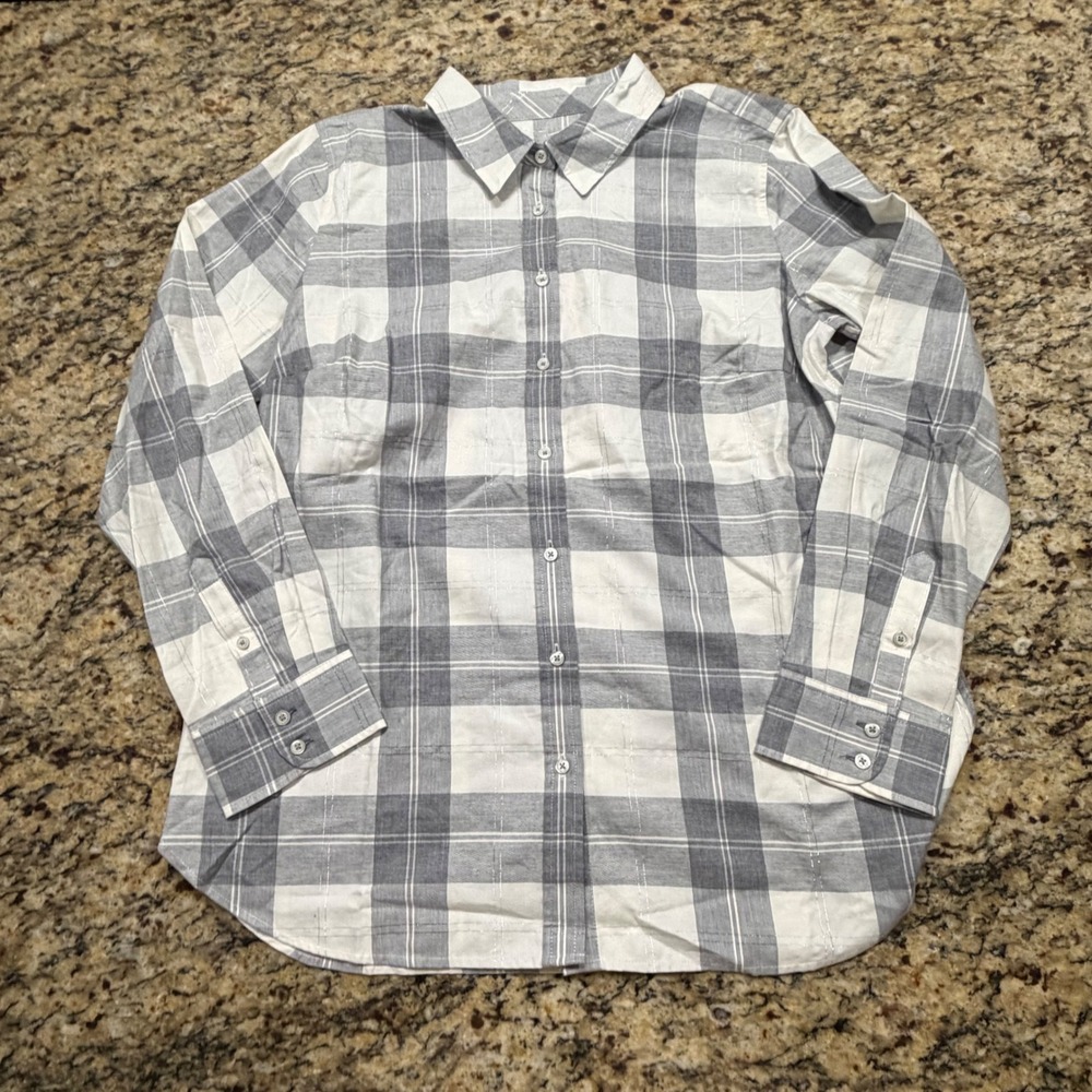 NEW Talbots Womens Grey White Plaid Metallic Silver Lurex Button Down Shirt L ws